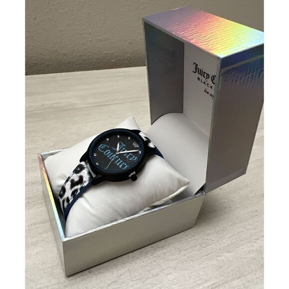 Juicy Couture Black Label NIB Black Blue w/Cheetah Wristwatch Watch - Picture 3 of 11